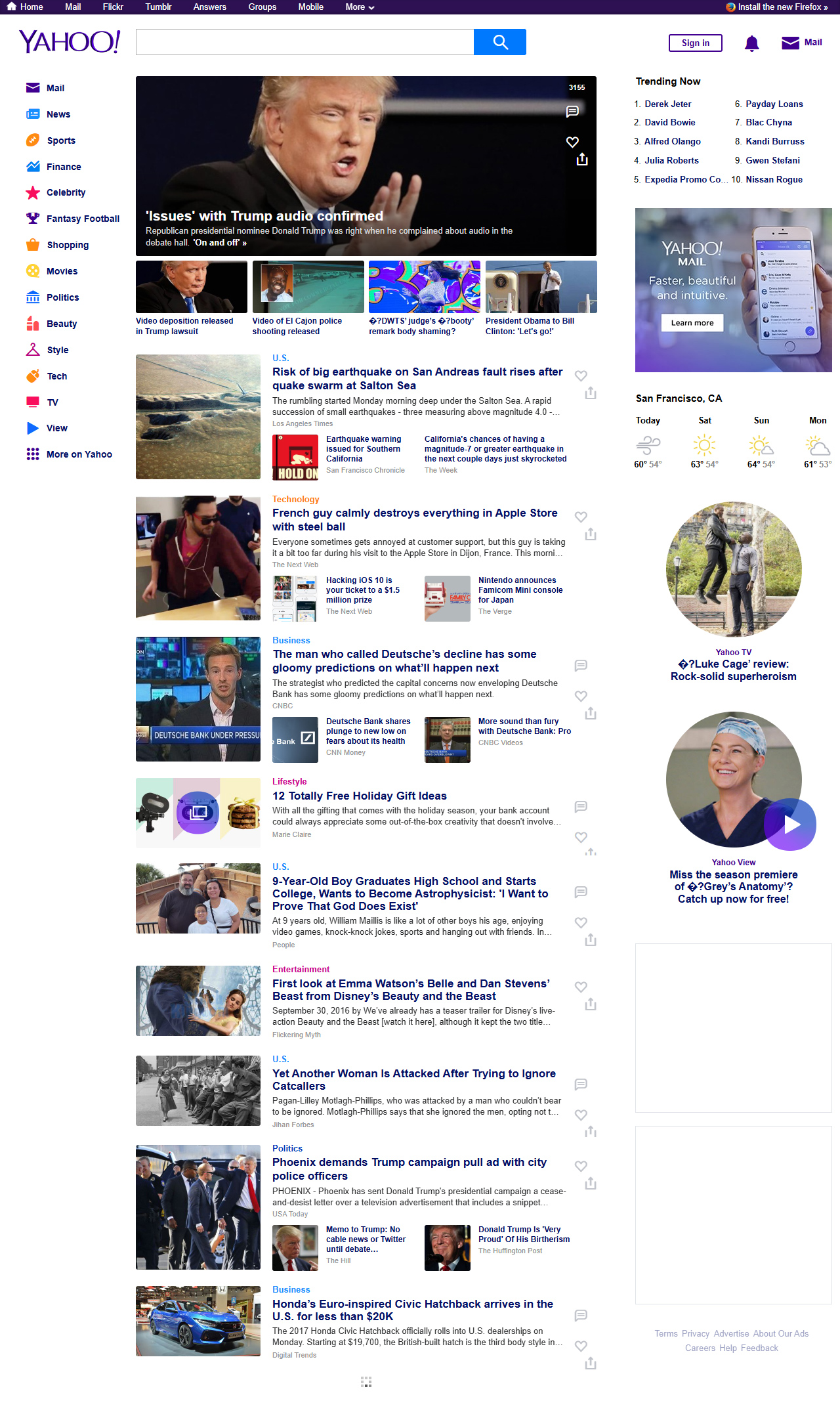 Yahoo website in 2016