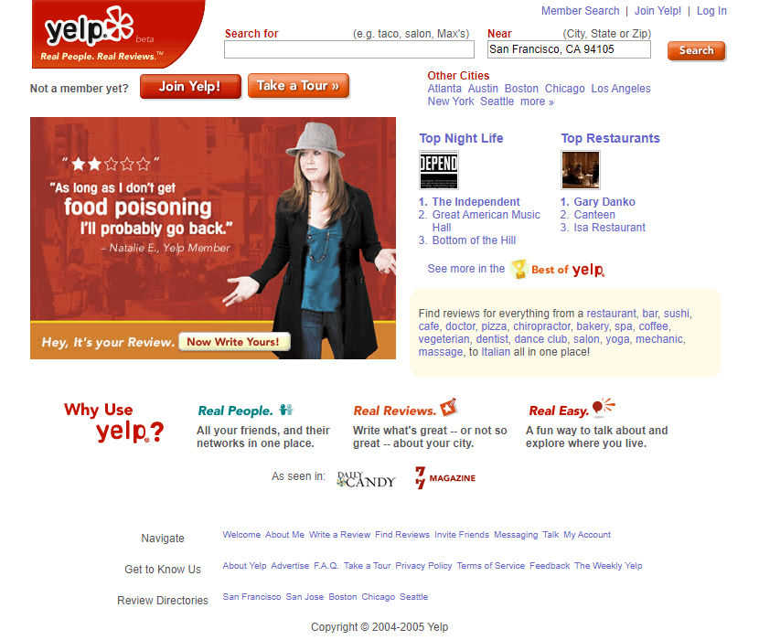 Yelp website in 2005