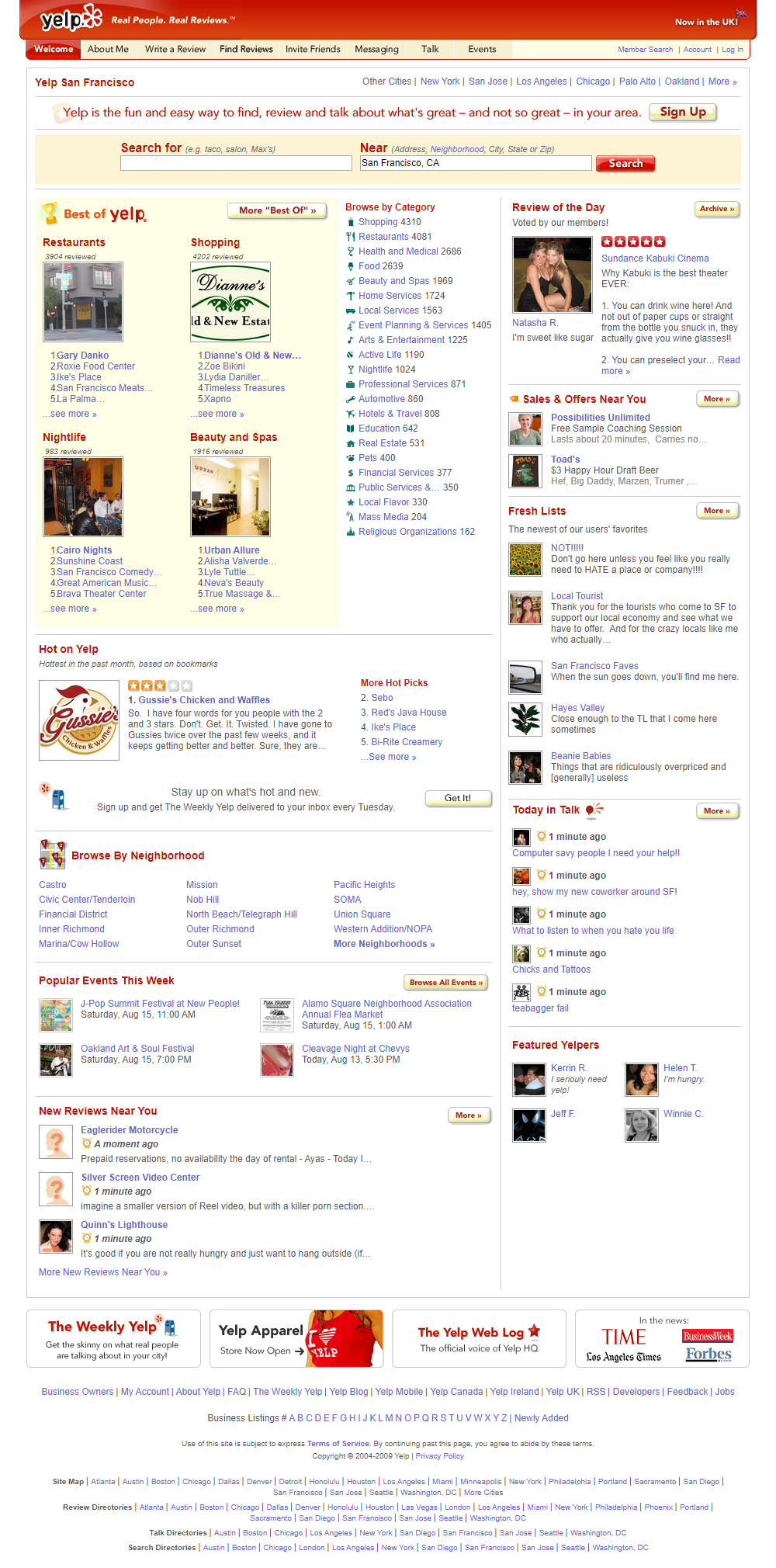 Yelp website in 2009