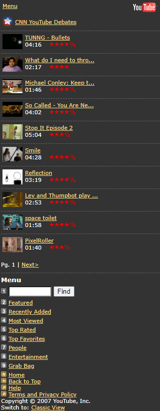 YouTube mobile version in 2007
