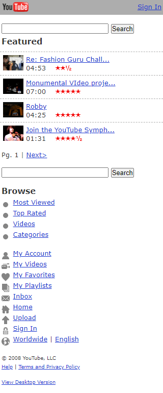 YouTube mobile version in 2008