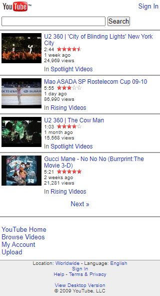 YouTube mobile version in 2009