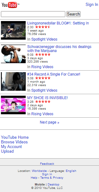 YouTube mobile version in 2010