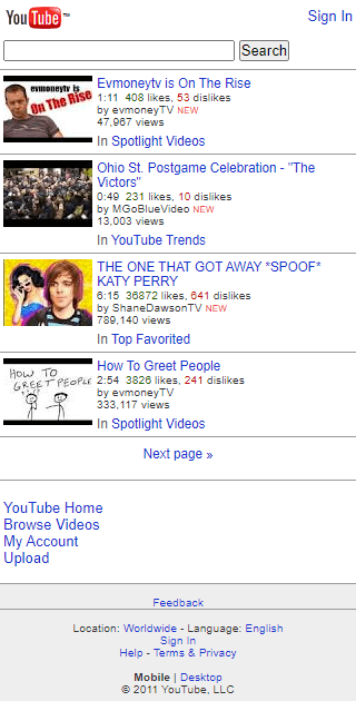 YouTube mobile version in 2011