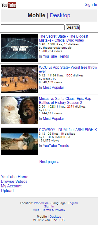 YouTube mobile version in 2012