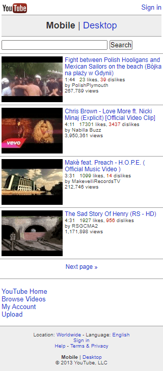 YouTube mobile version in 2013