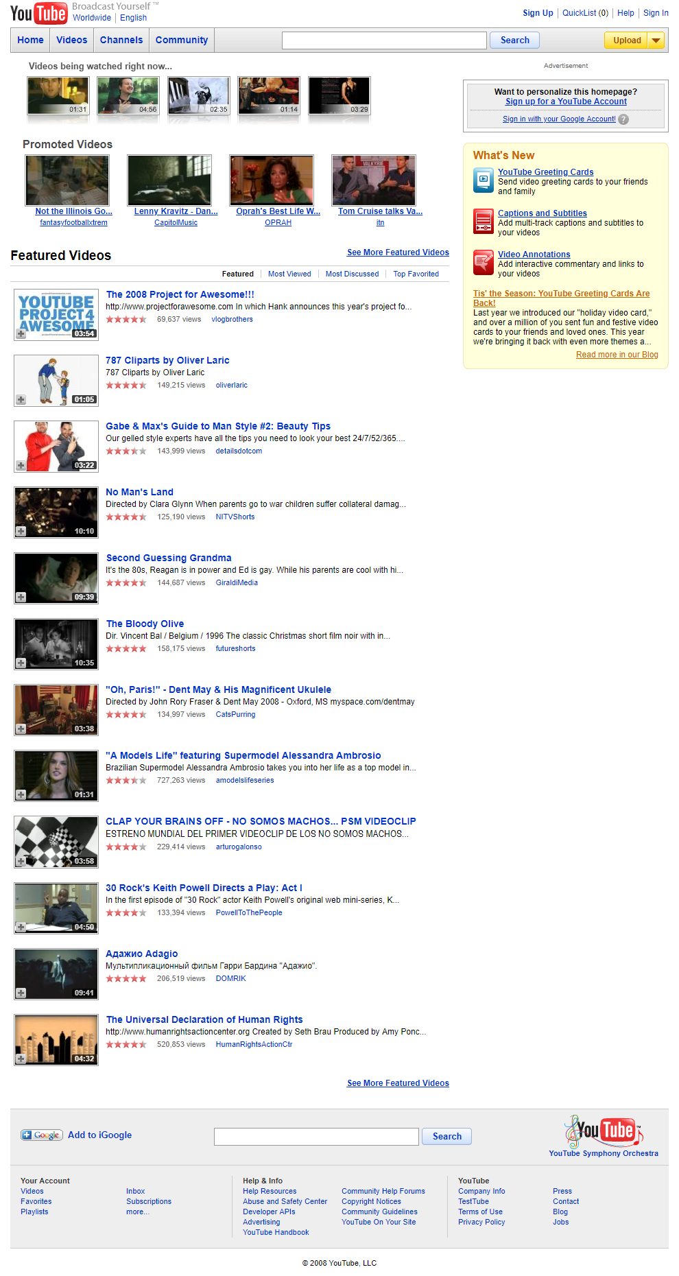 YouTube website in 2008