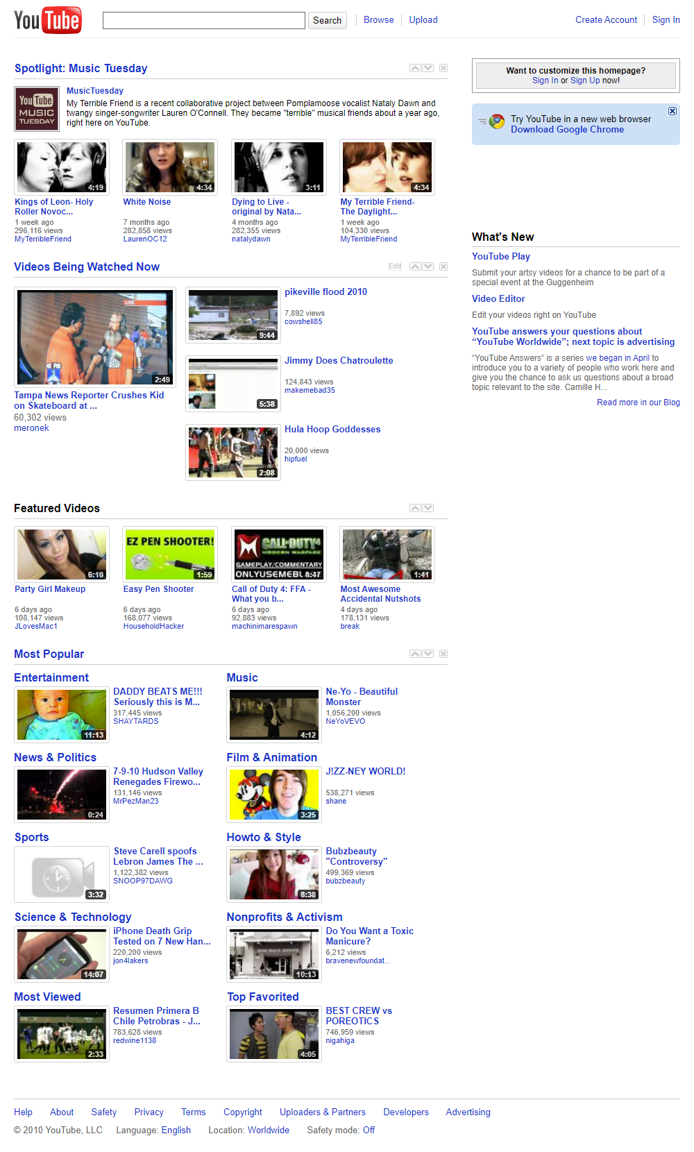 YouTube website in 2010