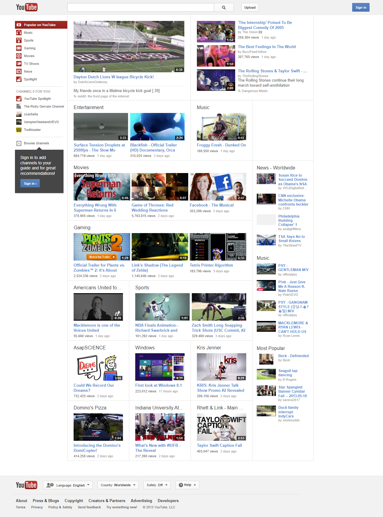 YouTube website in 2013