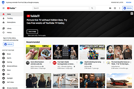 YouTube website in 2020