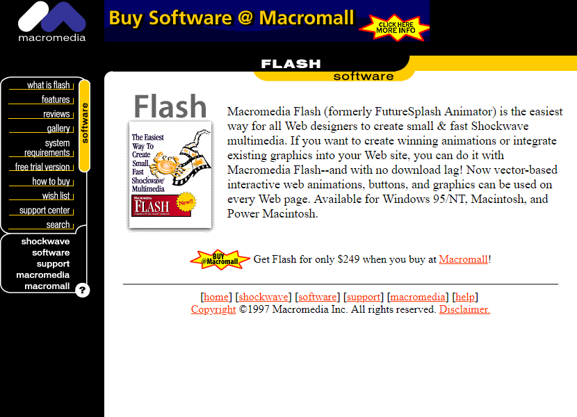Macromedia website and Flash 1.0 in 1997