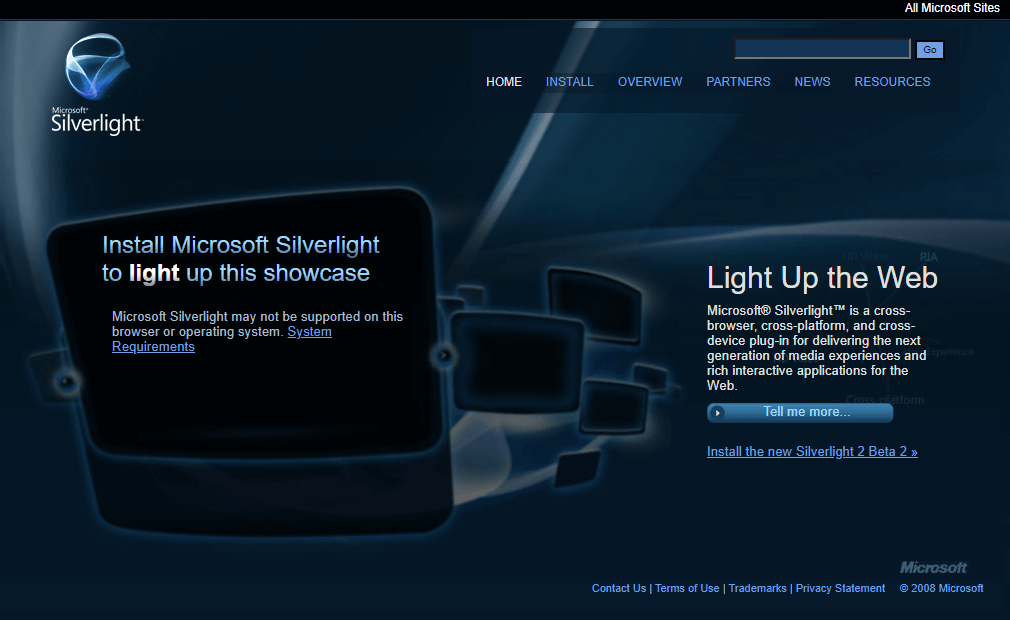 Microsoft Silverlight website in 2008