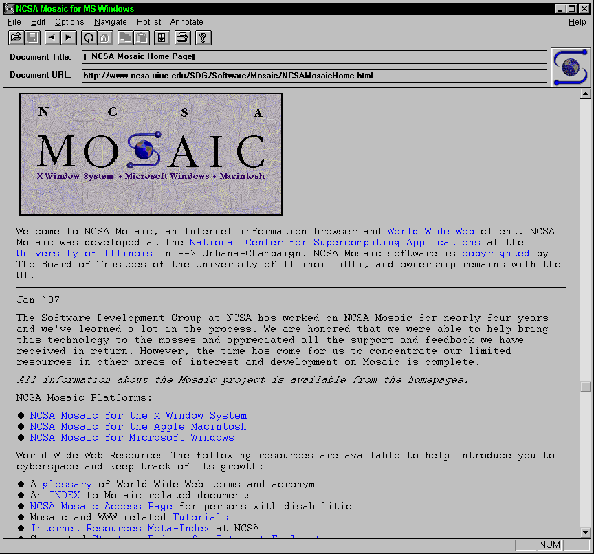 Der Mosaic Browser. Hier noch ohne Mithilfe einer Webdesign Agentur gestrickt.