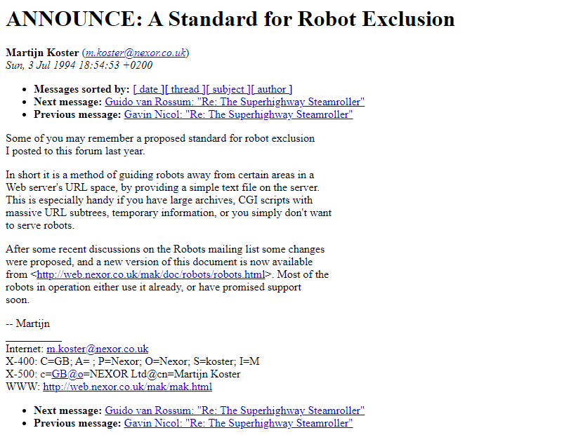 Robots.txt  proposal in 1994