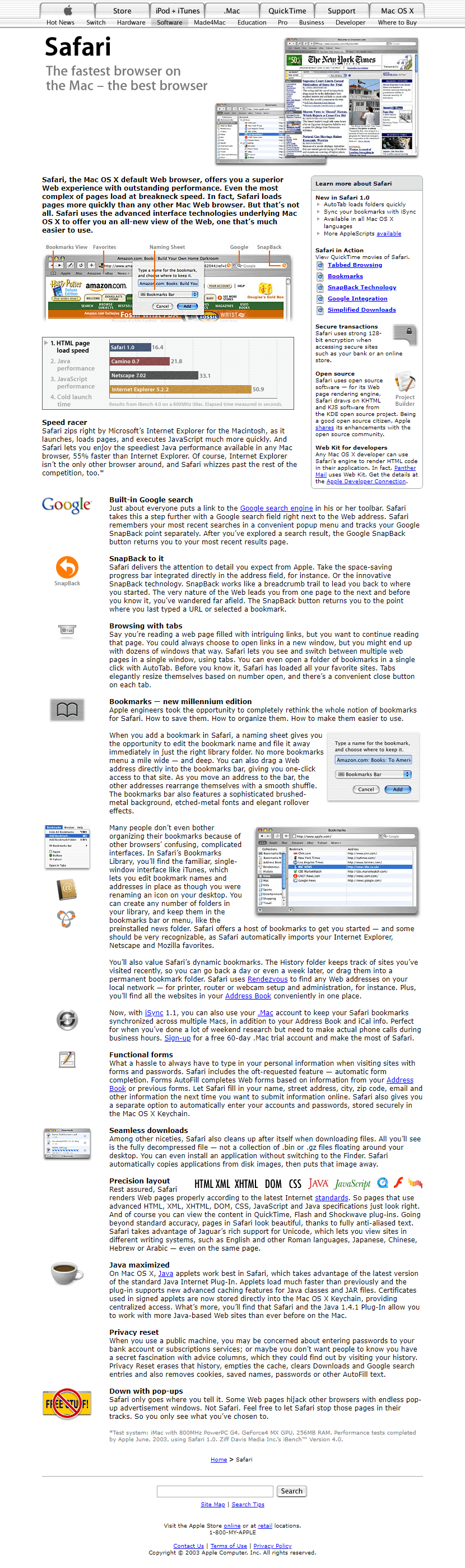 Apple.com and Safari 1.0 website in 2003