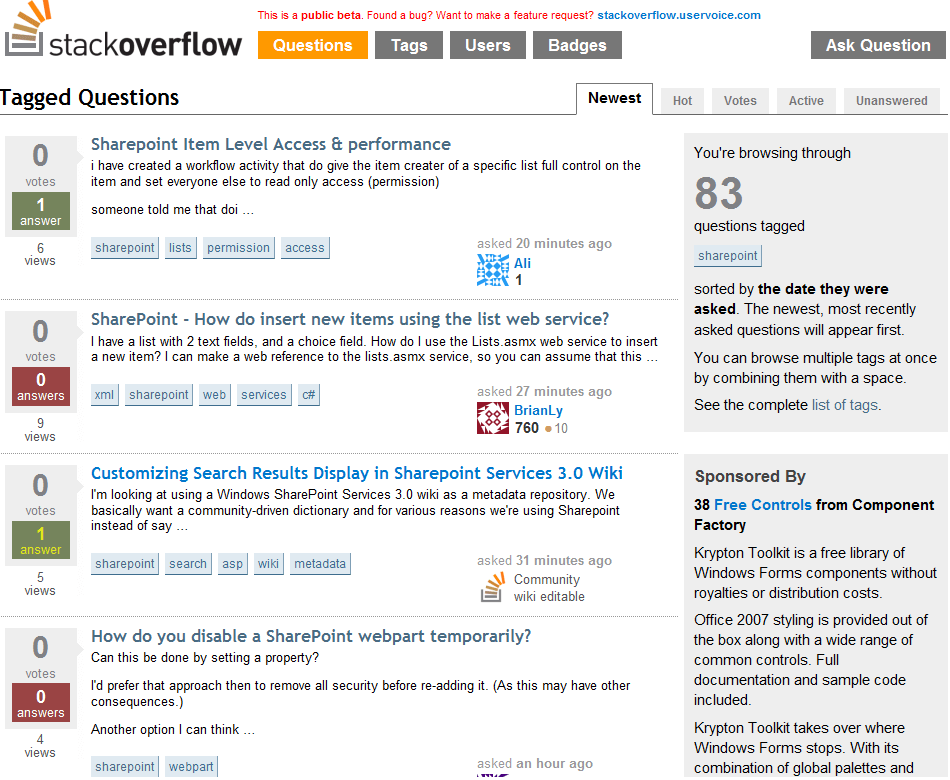 Stack Overflow public beta website in 2008