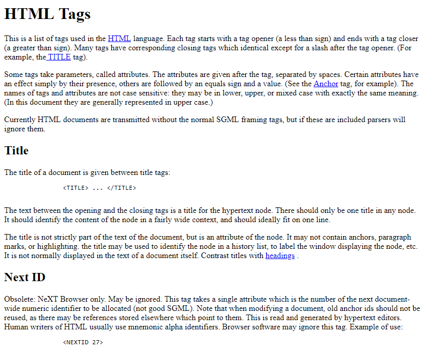 Tim Berners-Lee published a document called HTML Tags
